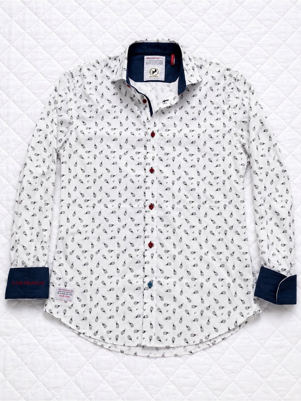 A Fish Named Fred Microphone Print Button Up Shirt Medium White Stretch Cotton